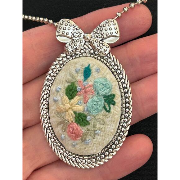 Pastel Flower Embroidery Necklace, Handmade Pendant / Broach - Picture 2 of 2